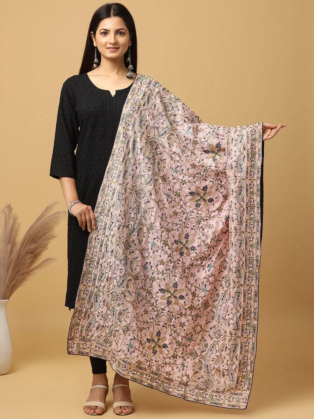 Light pink poly chiffon pashmina dupatta with threadwork