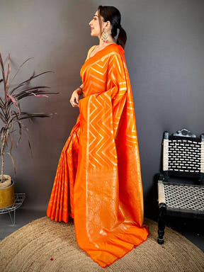 Orange Geometric Zari Weave Banarasi Saree