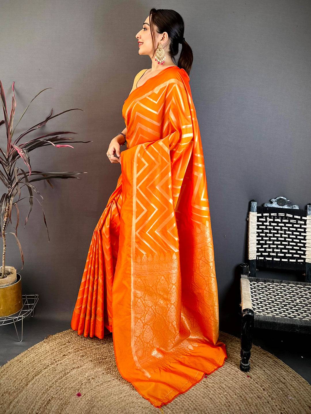 Orange Geometric Zari Weave Banarasi Saree