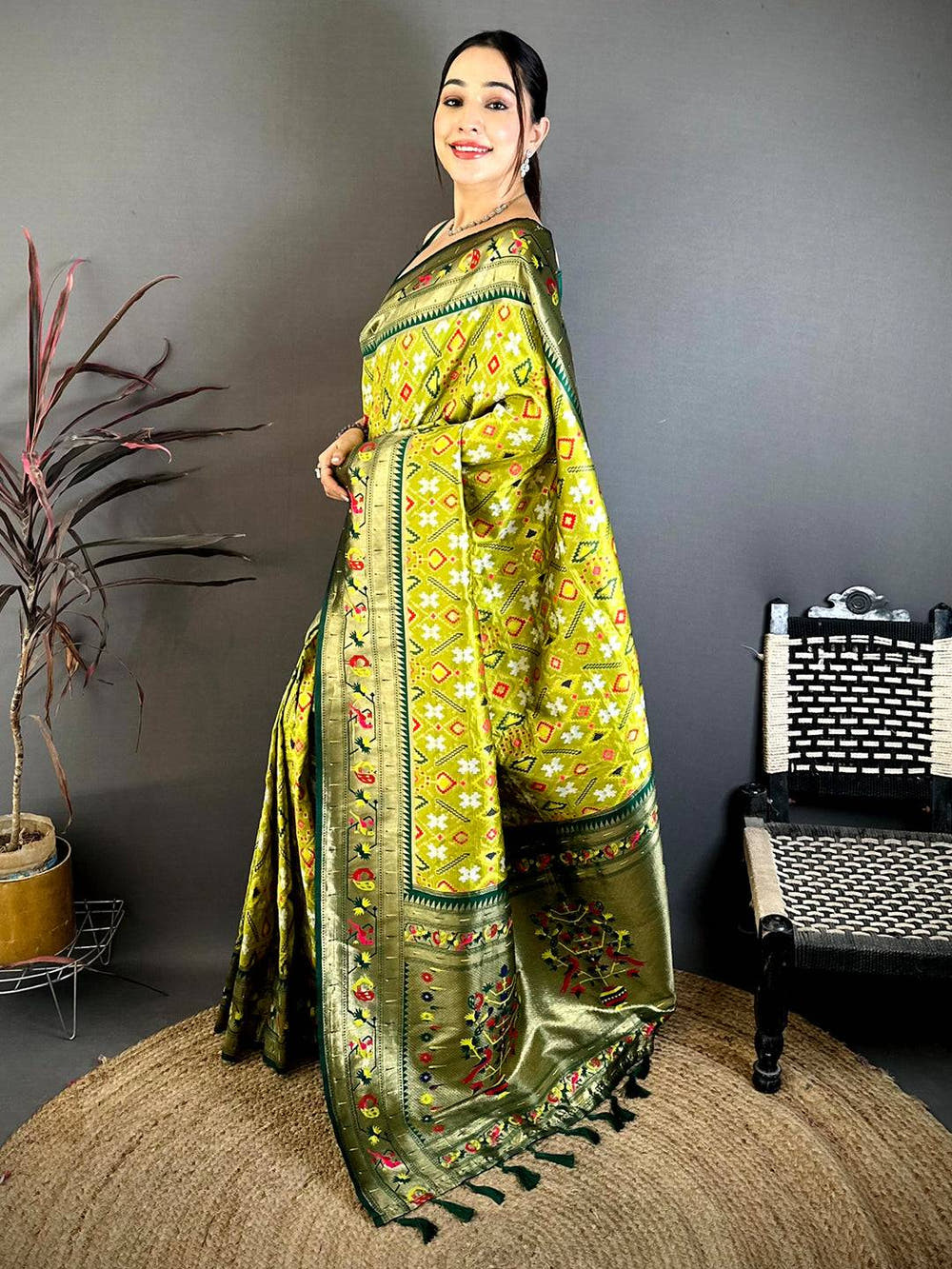 Lime Green Patola Silk Zari Weaving Saree