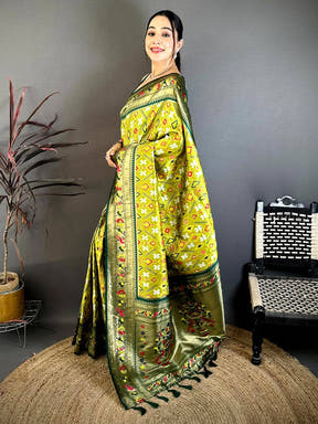 Lime Green Patola Silk Zari Weaving Saree