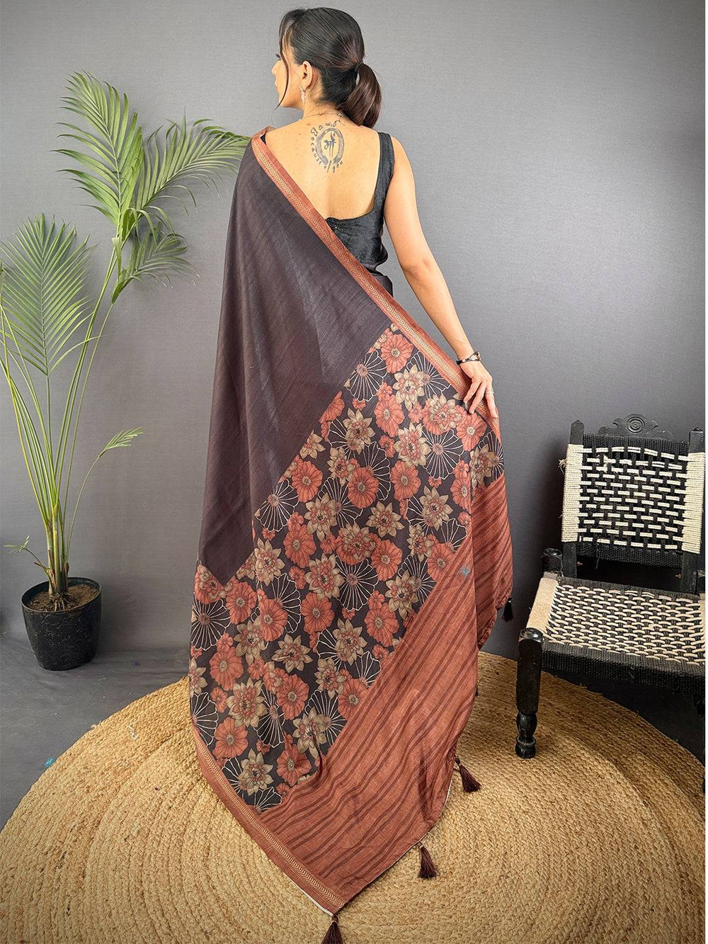 Brown Ghicha Tussar Silk Floral Saree
