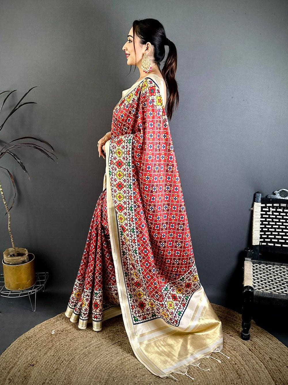 Red Ethnic Digital Ikkat Kanchi Saree