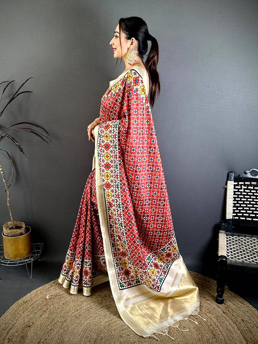 Red Ethnic Digital Ikkat Kanchi Saree