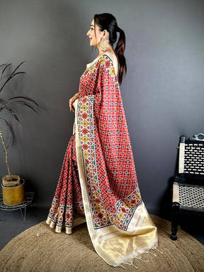 Red Ethnic Digital Ikkat Kanchi Saree