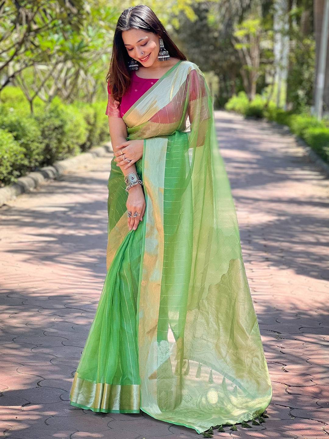 Green Pure Viscose Organza Saree With Fine Gold Zari Weaving Border