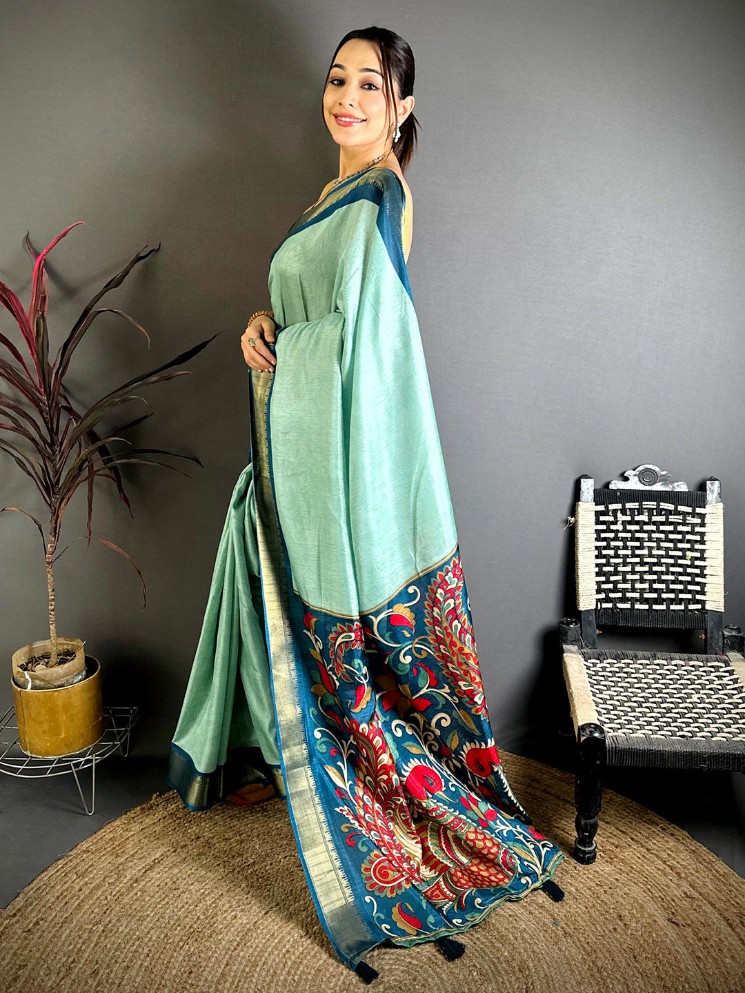 Mint Green Kalamkari Pallu Dola Saree