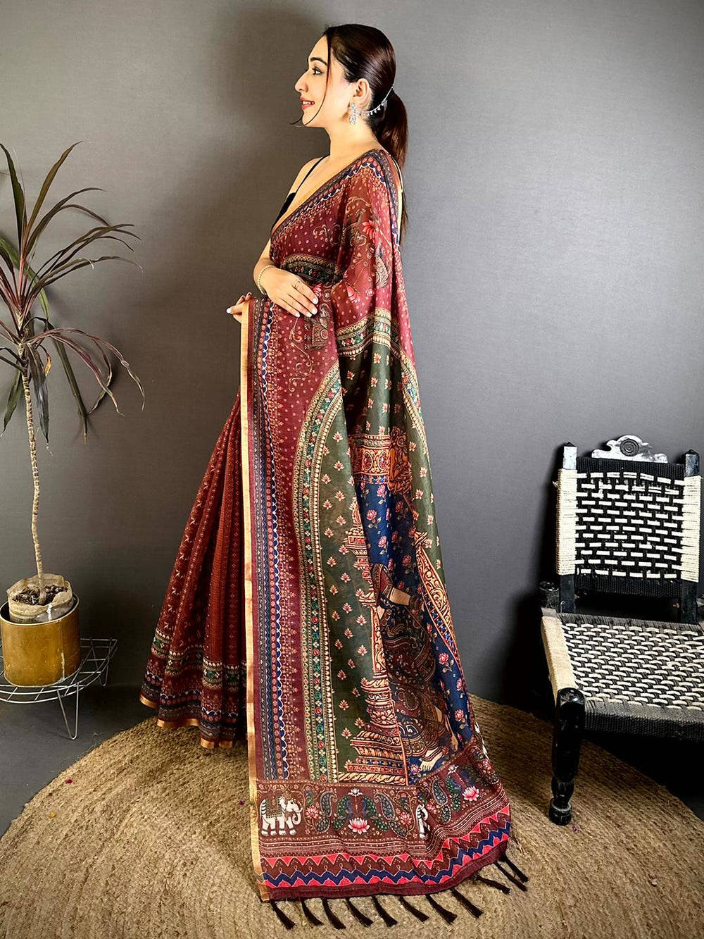 Designer Linen Chanderi Kalamkari Saree