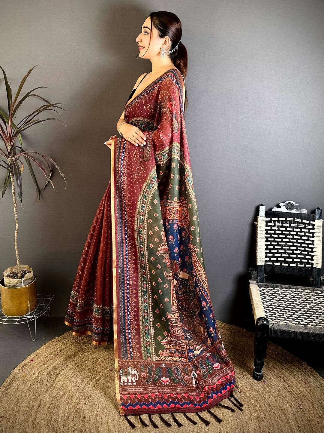 Designer Linen Chanderi Kalamkari Saree