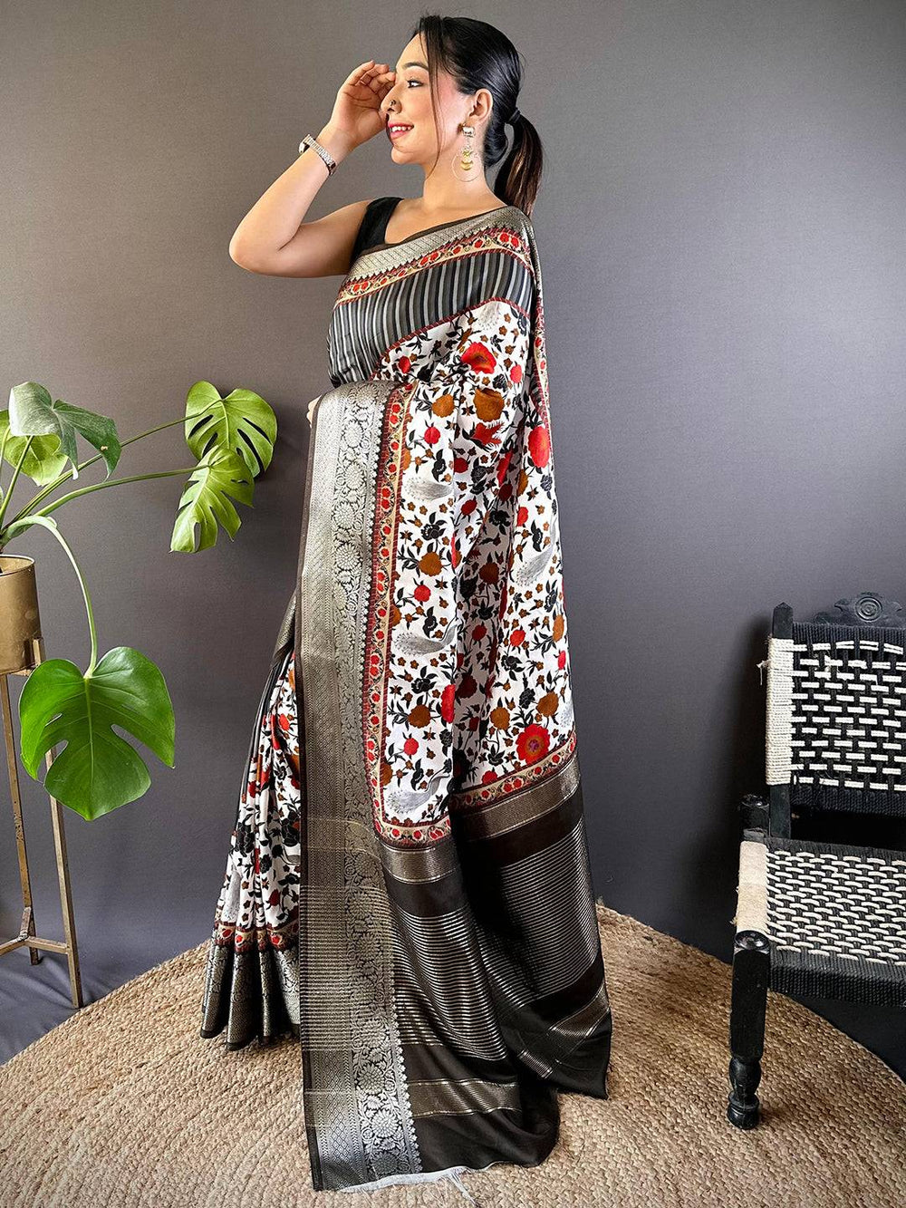 Black Floral Peacock Fusion Saree