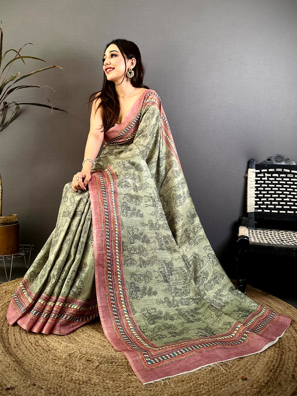 Elegant Tussar Elephant Motif Print Saree