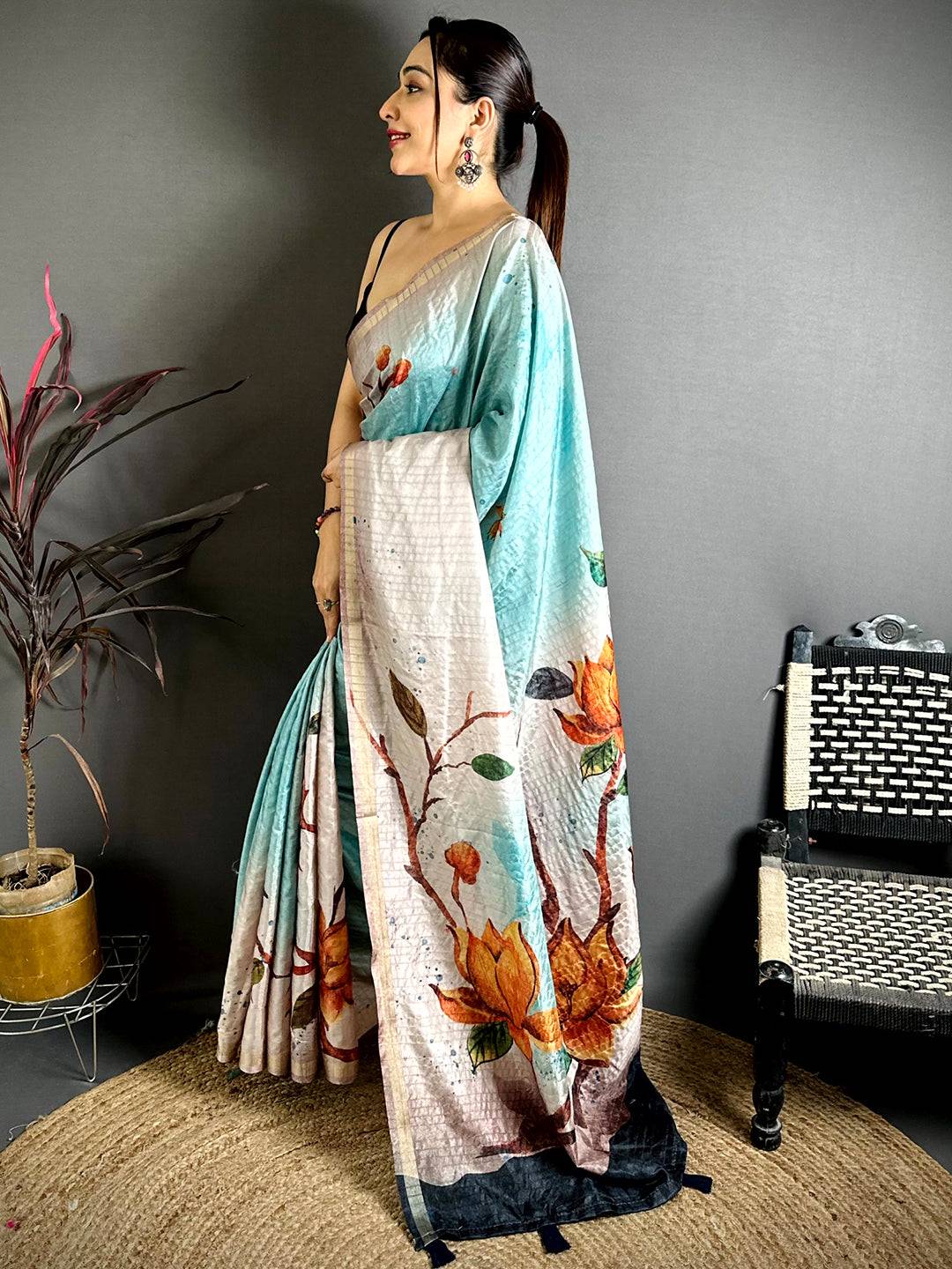 Pastel Sky Blue Ghicha Tussar Floral Saree
