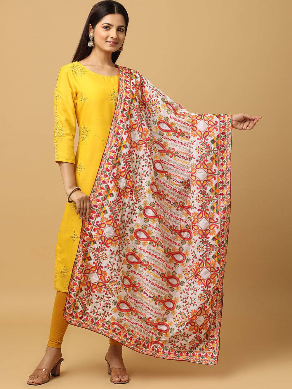 Poly chiffon pashmina dupatta with vibrant threadwork