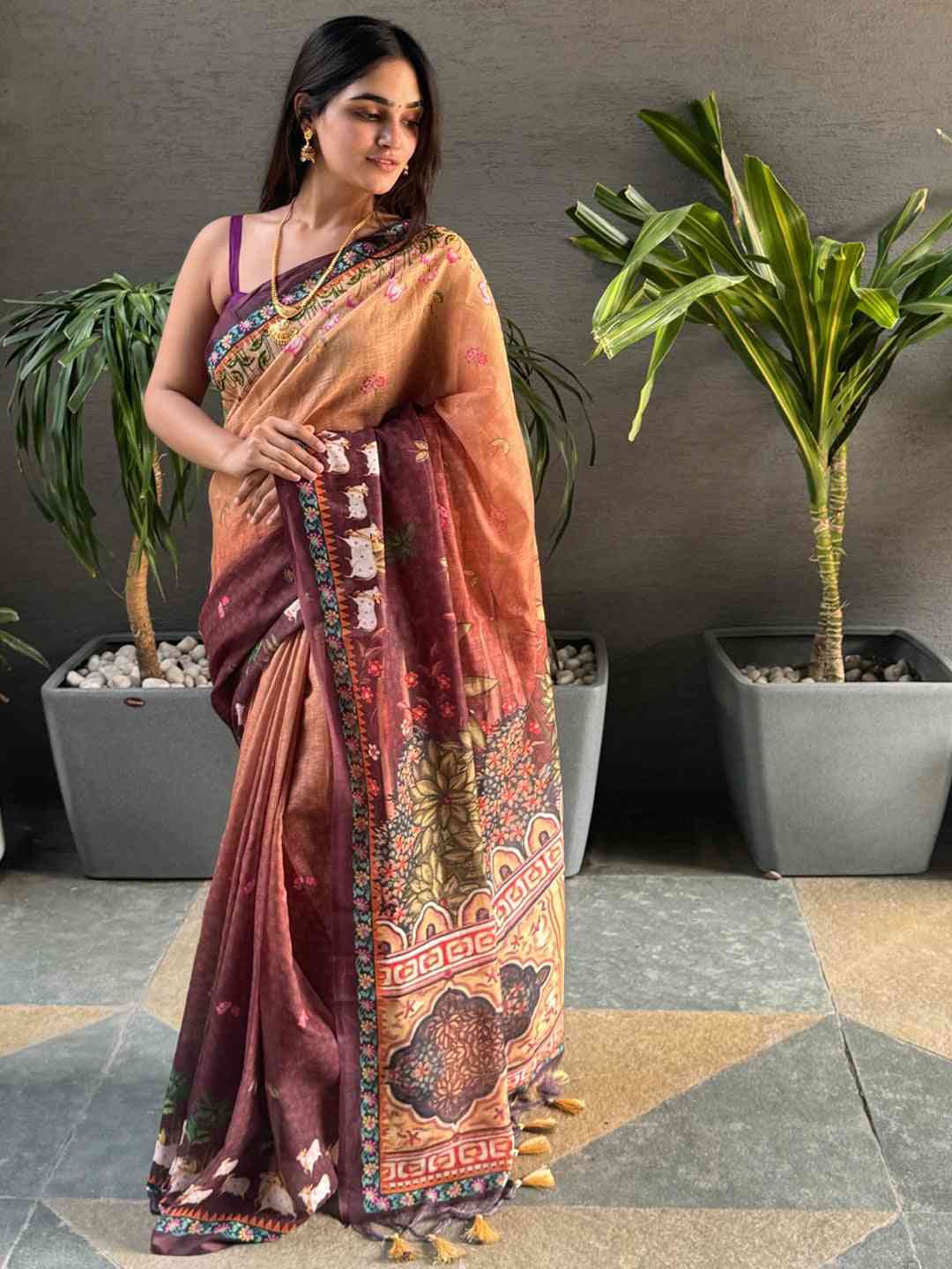 Soft Linen Ombre Pichwai Wine Saree, elegant display