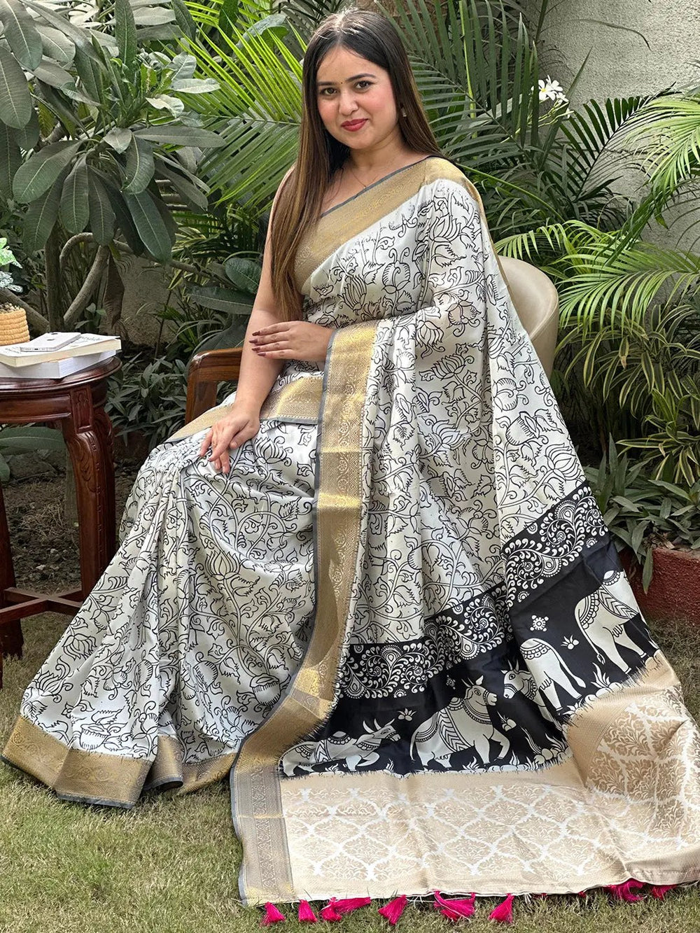 Elegant Kalamkari saree with intricate block print design