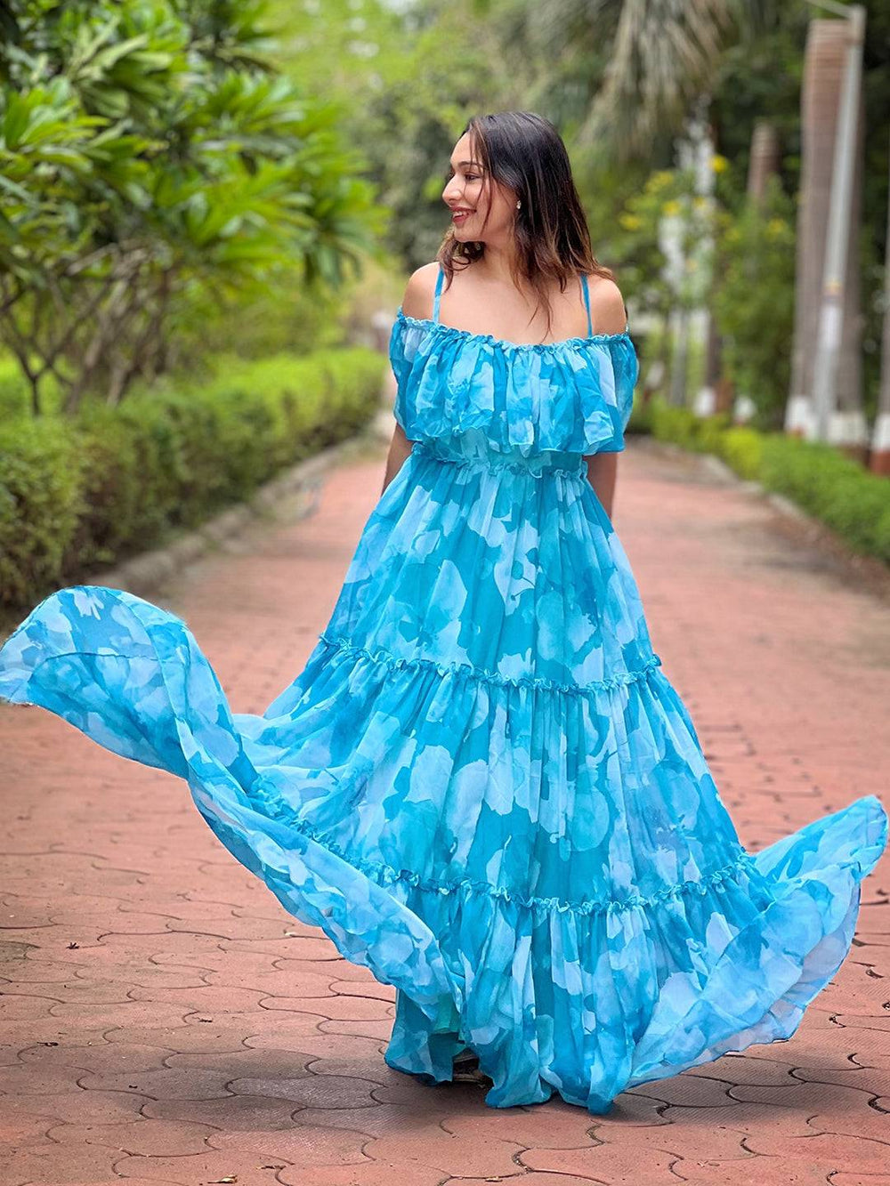 Off-shoulder Sky Mist Floral Maxi Dress outdoors