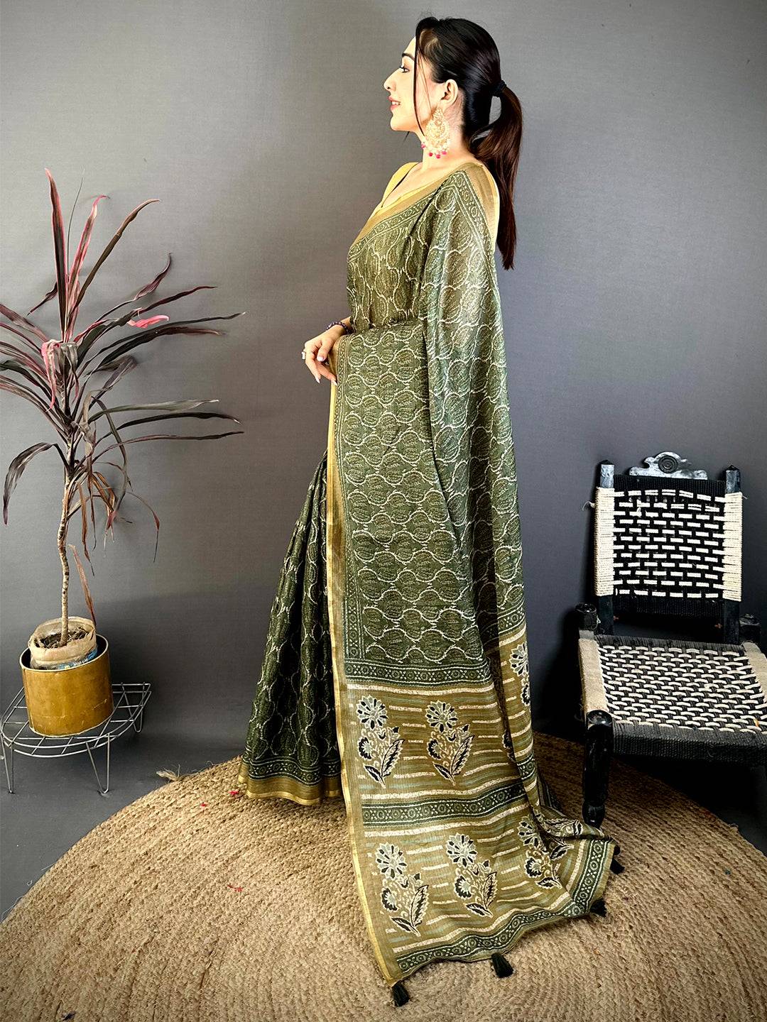 Olive Ajrakh Digital Print Kota Saree