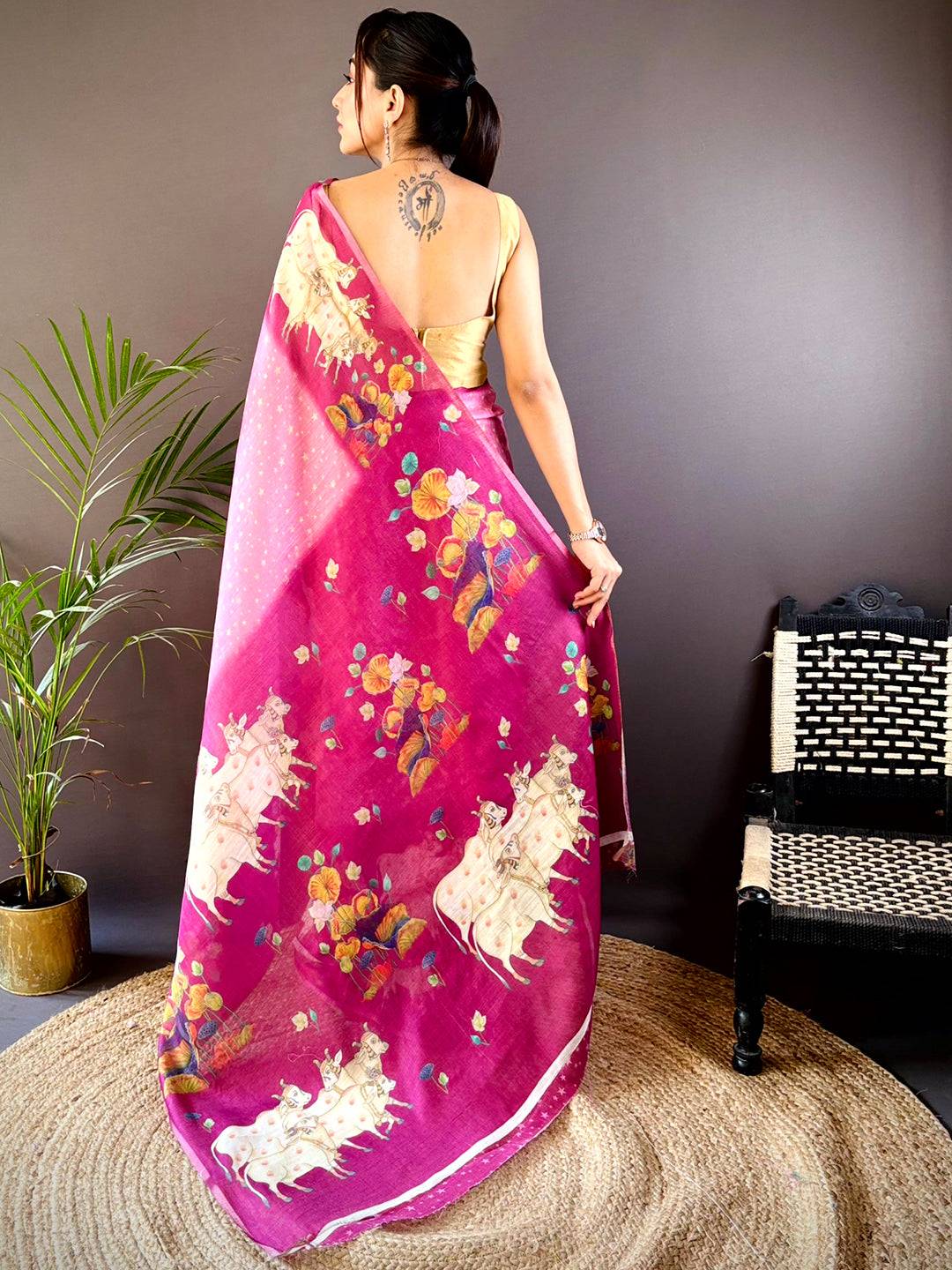 Pink Chanderi Pichwai Print Saree