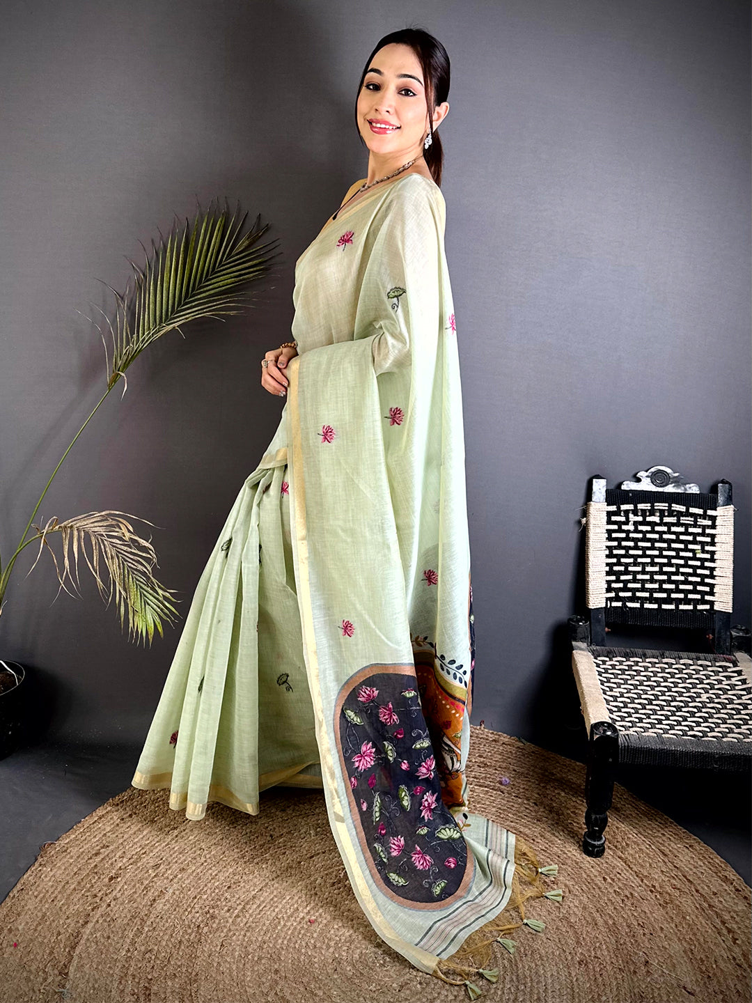 Classic Pichwai Resham Work Linen Saree