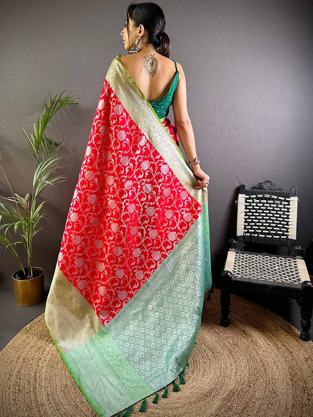Red Chic Zari Blossom Banarasi Silk Saree

