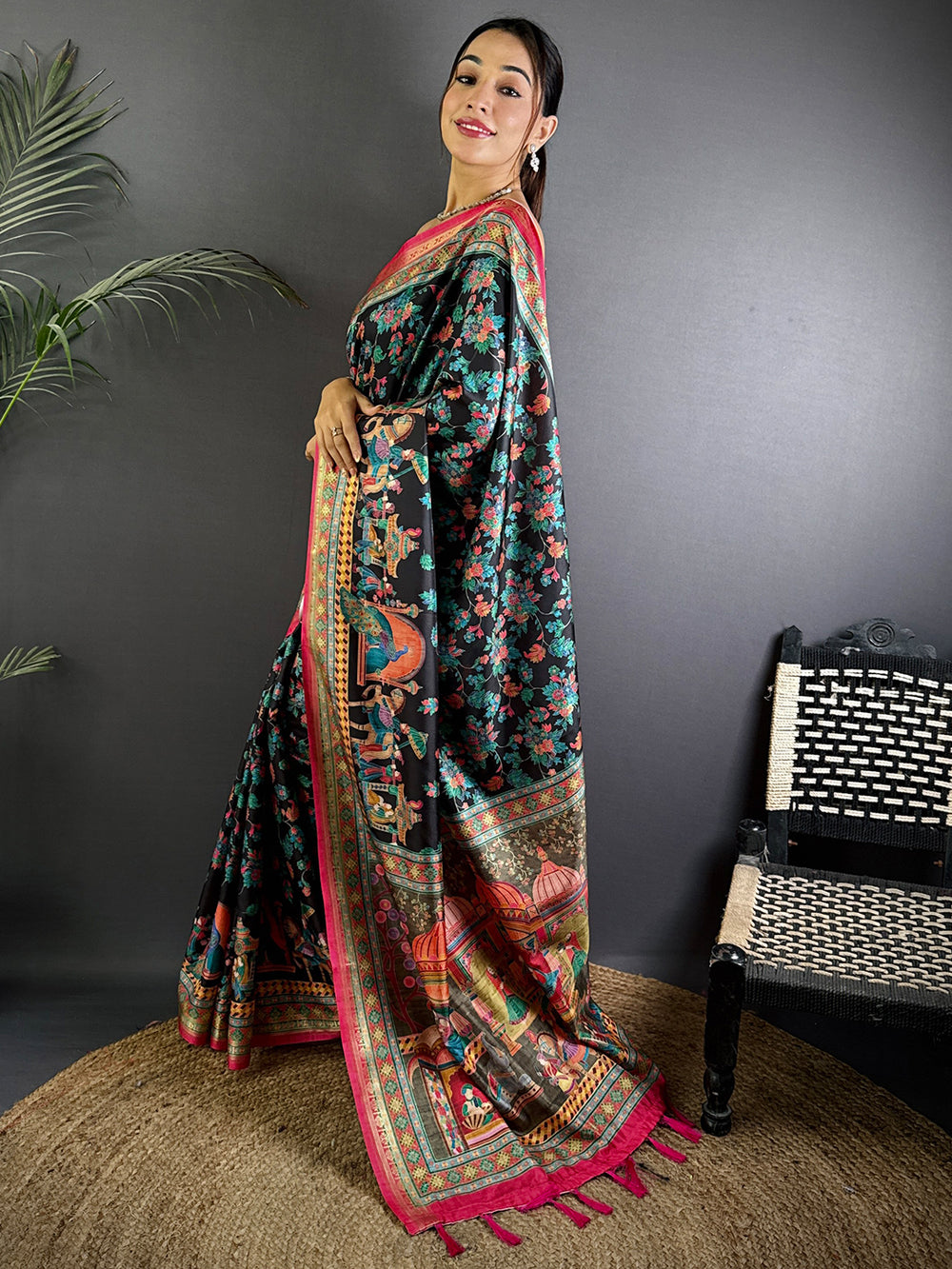 Black Soft Silk Pashmina Kashmiri Print Saree