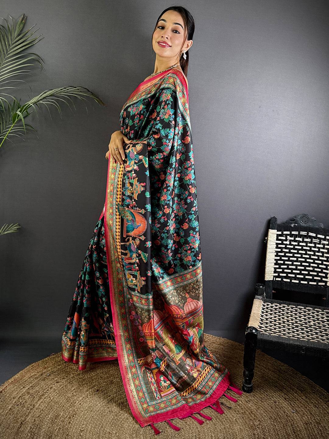 Black Soft Silk Pashmina Kashmiri Print Saree

