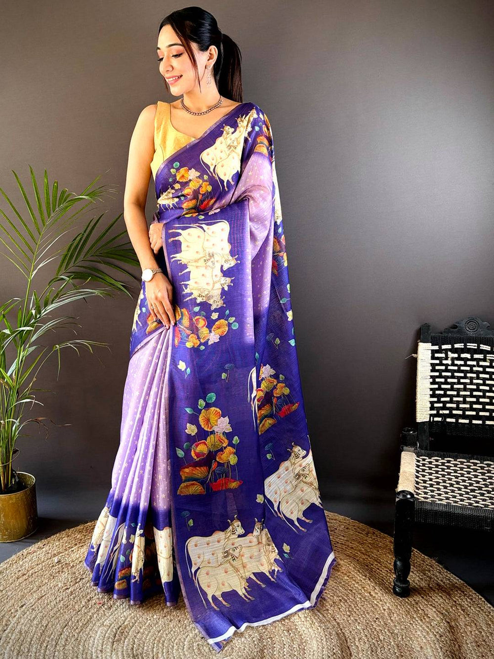 Purple Chanderi Pichwai Print Saree