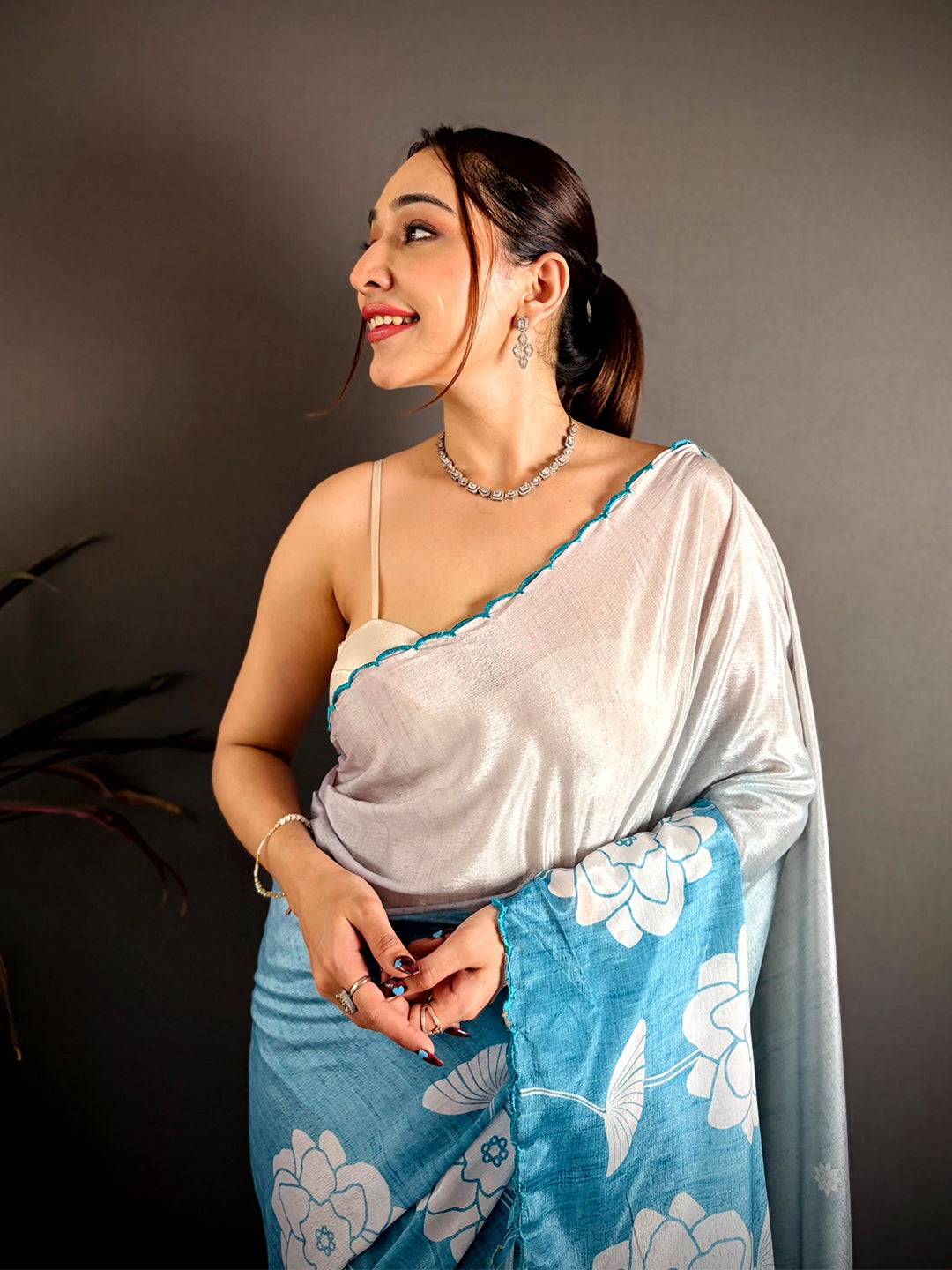 Royal Floral Print Embroidered Chinnon Saree