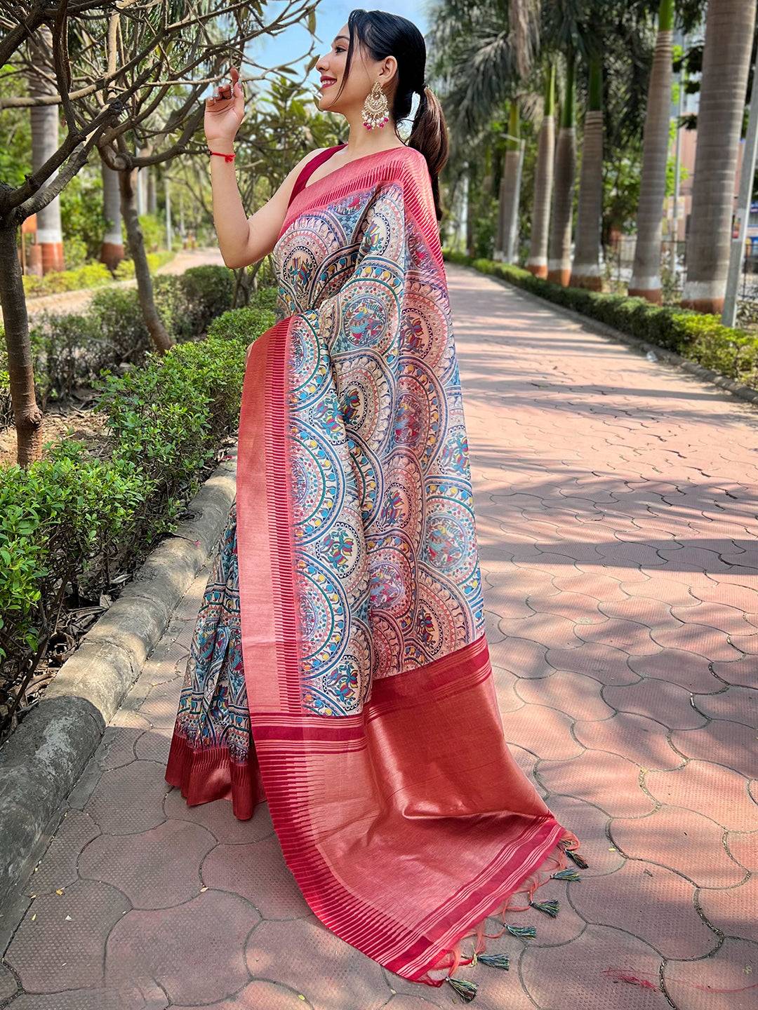 Elegant Madhubani Kalamkari Block Print Saree with red border