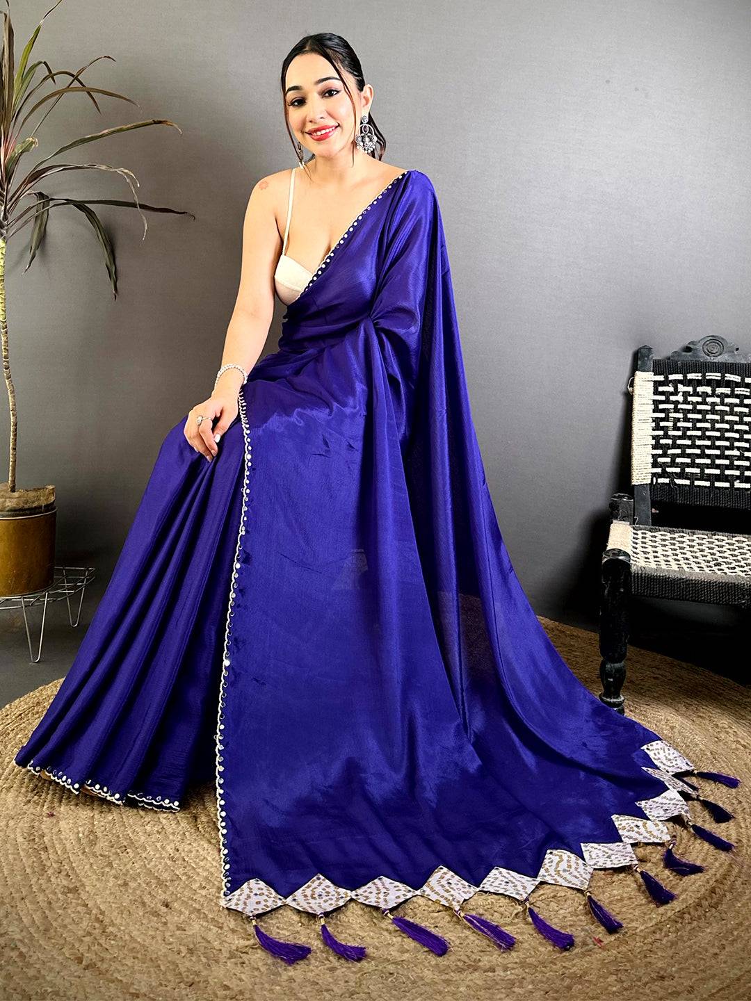 Blue Vichitra Real Mirror Work Tassel Saree