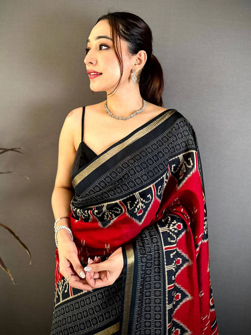 Red Mul Cotton Ikkat Rudraksha Border Saree