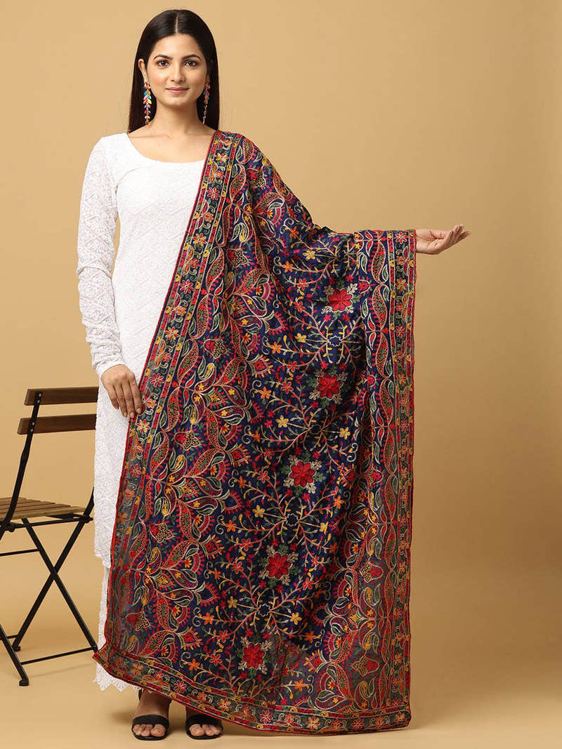 Navy Deep Multicolour Floral Pashmina Dupatta