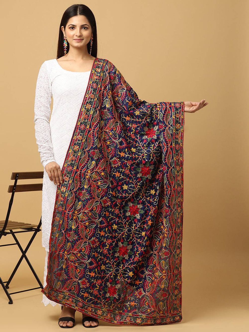 Navy blue chiffon dupatta with vibrant threadwork design