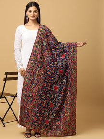 Navy blue chiffon dupatta with vibrant threadwork design