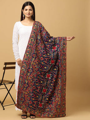 Navy blue chiffon dupatta with vibrant threadwork design