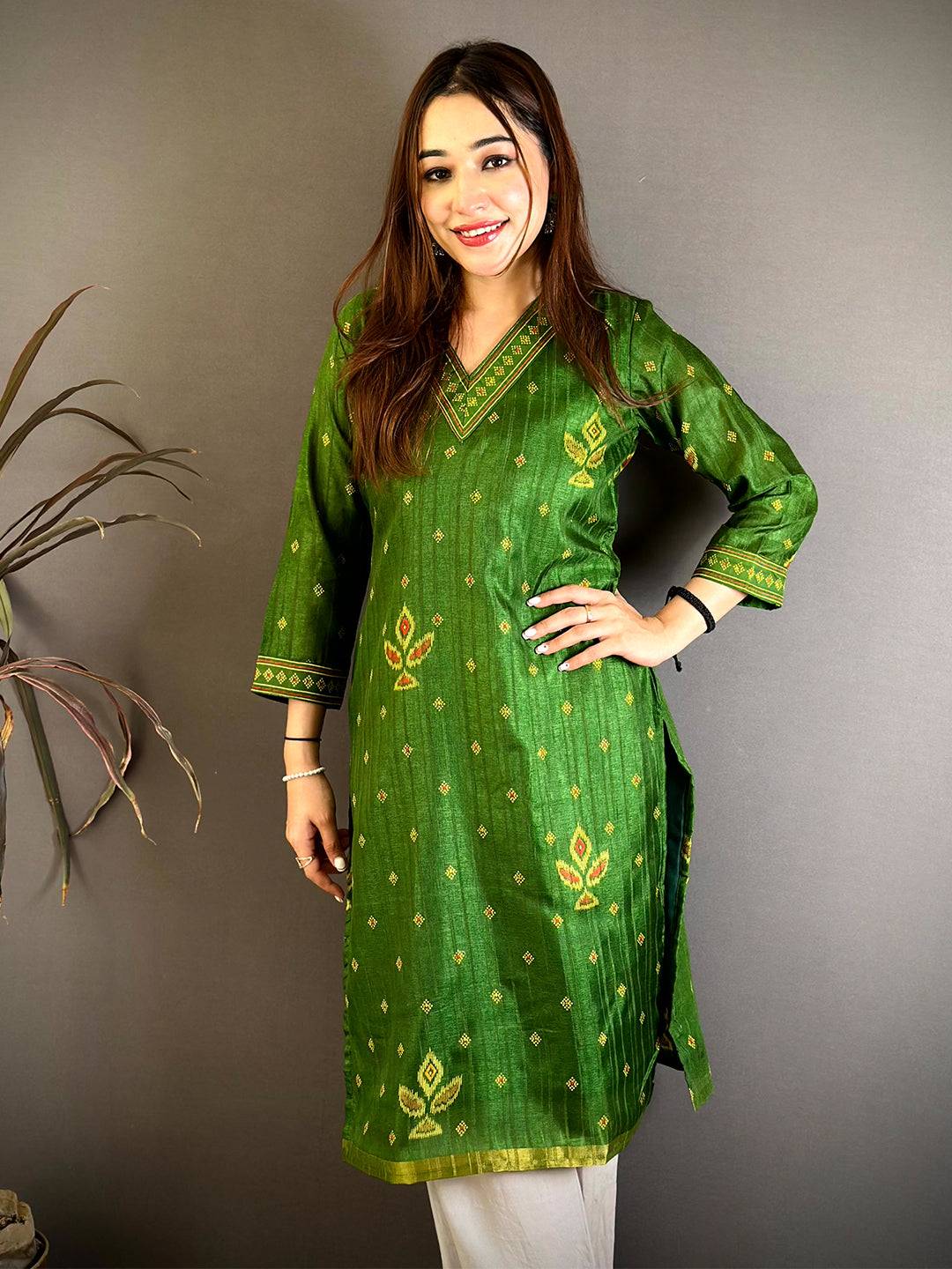Graceful V Neck Tussar Ghicha Ethnic Kurti