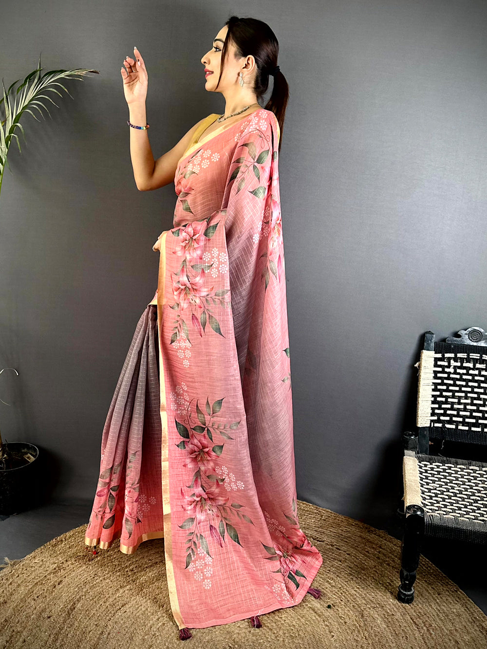 Heritage Soft Linen Gold Zari Floral Saree