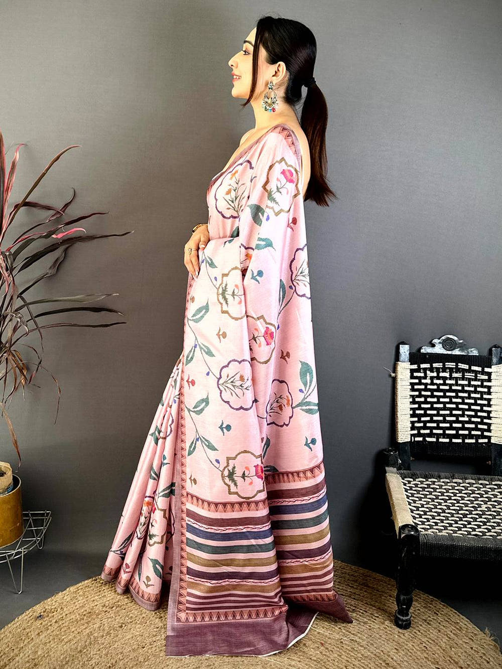 Baby Pink Floral Soft Tussar Saree