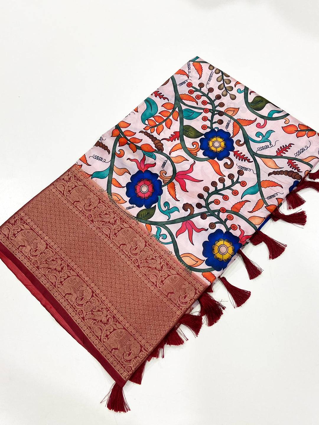 Brown Floral Printed Banarasi Saree