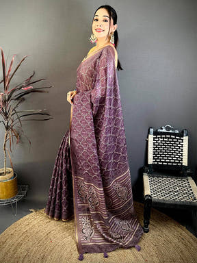 Purple Ajrakh Digital Print Kota Saree