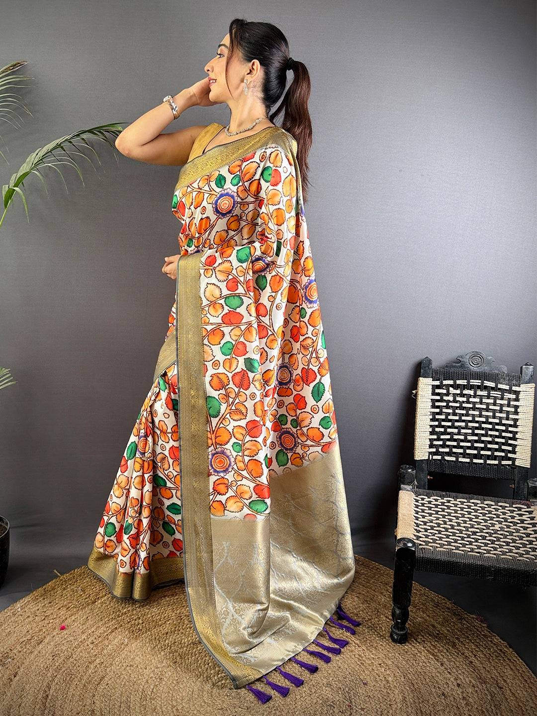 Radiant Floral Kalamkari Digital Print Saree