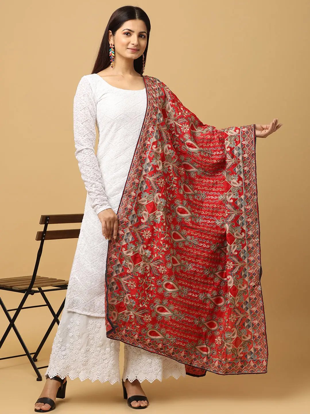Stylish red poly chiffon dupatta with intricate threadwork