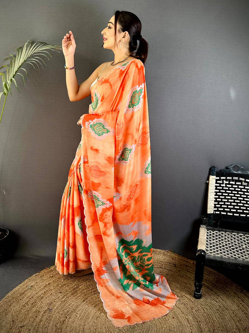 Stylish Stone Work Chinnon Floral Saree
