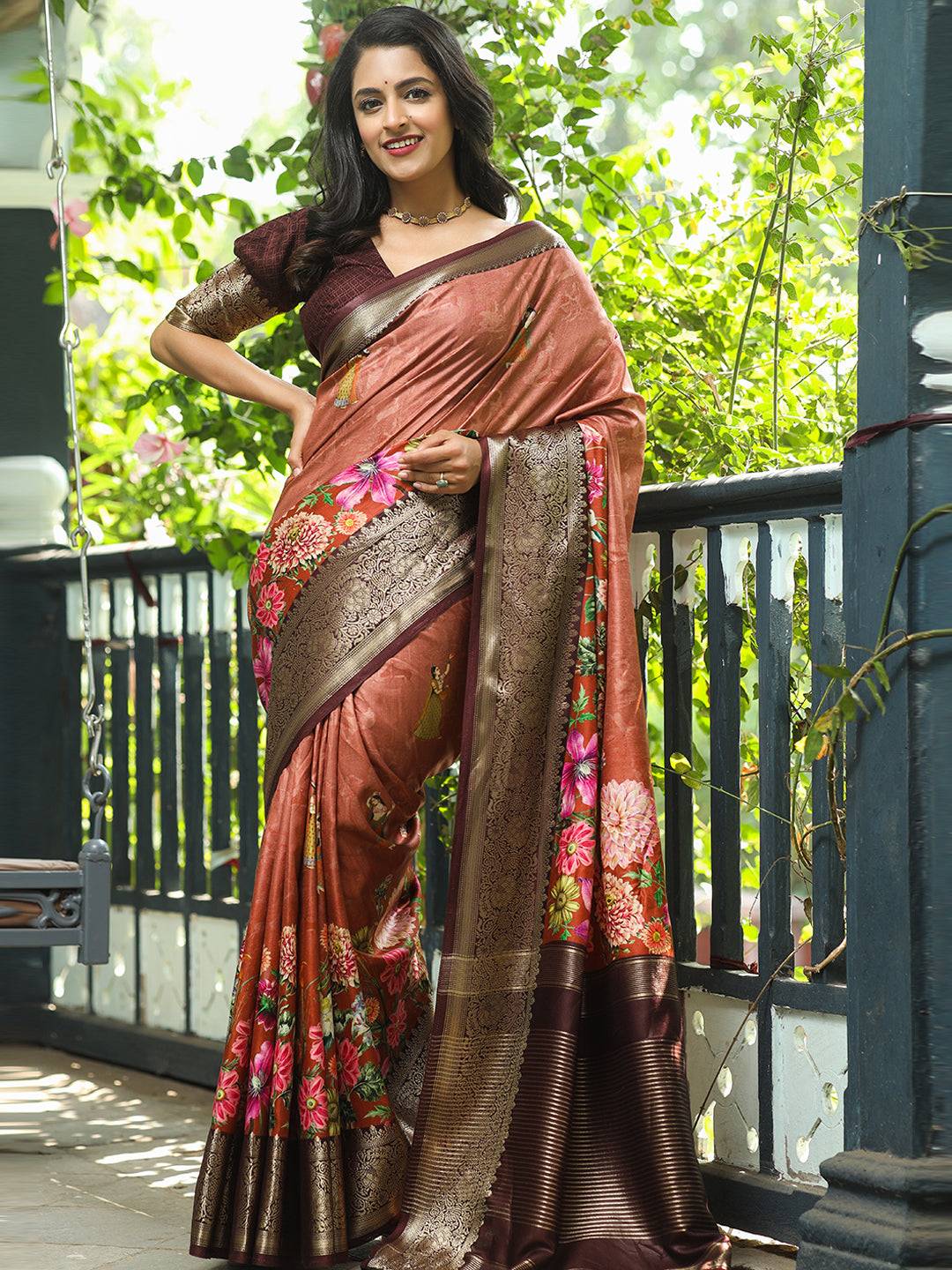 Brown Colour Pure Viscose Dola Silk Saree With Floral Print