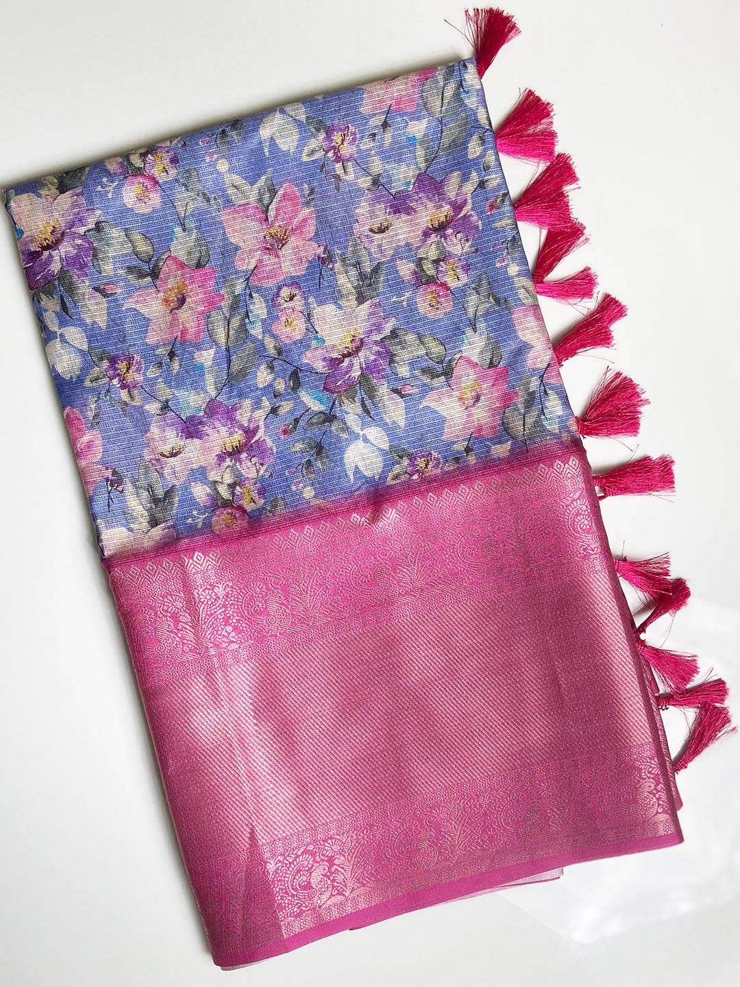 Floral print Blue Kota Doriya saree with pink gold zari border