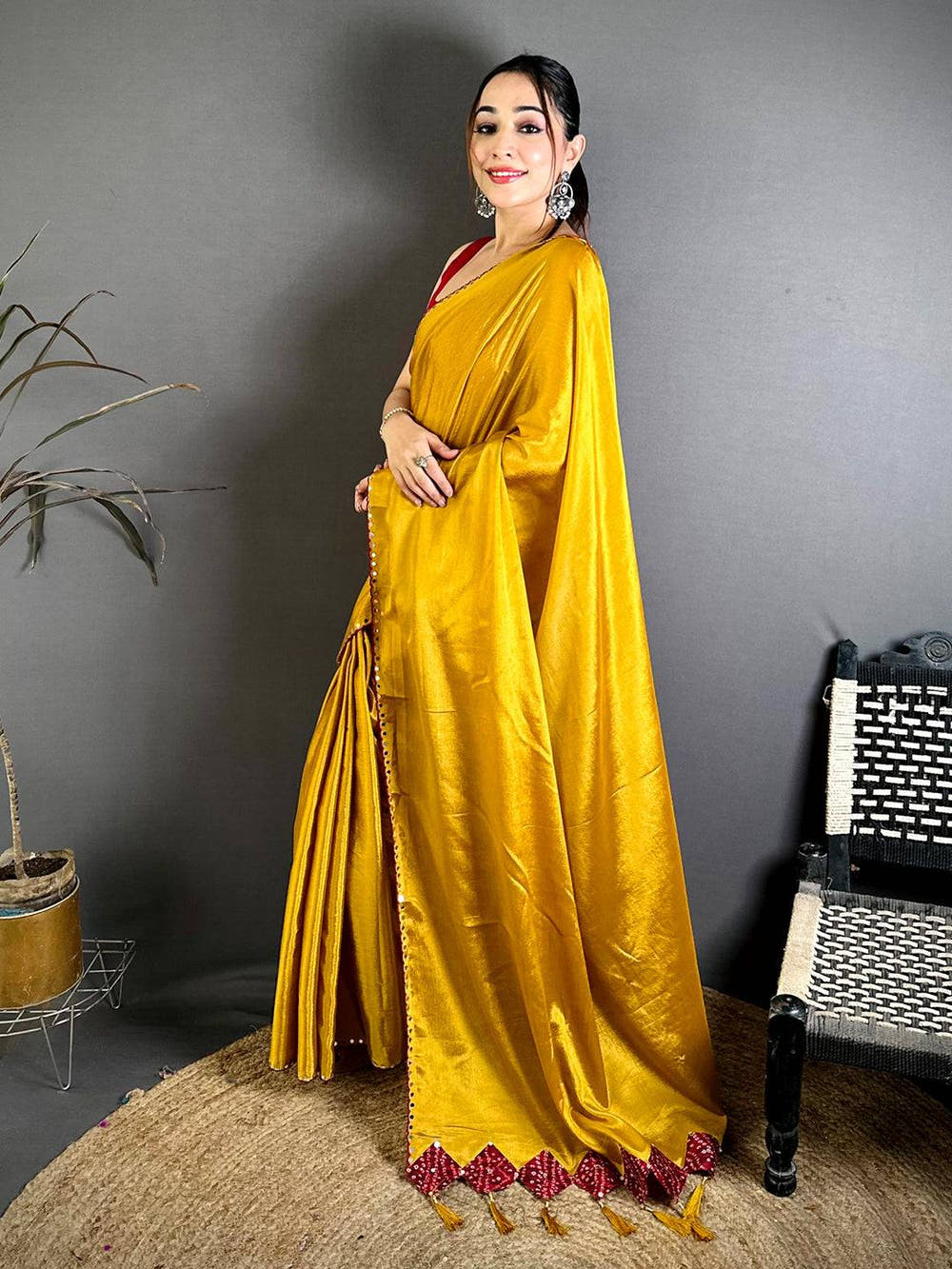 Gold Vichitra Real Mirror Work Tassel Saree