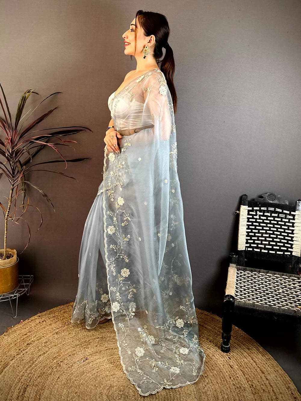 Sky Pearl Work Glass Organza Saree