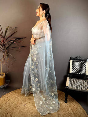 Sky Pearl Work Glass Organza Saree