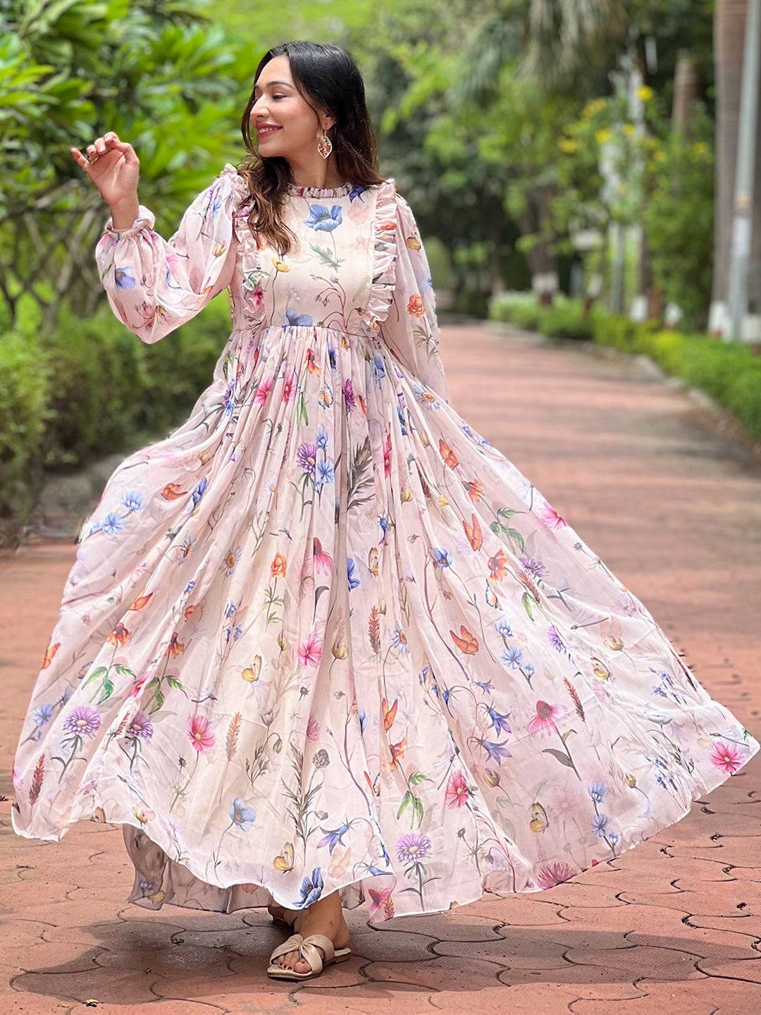 Elegant Champagne Blossom Maxi Dress in garden