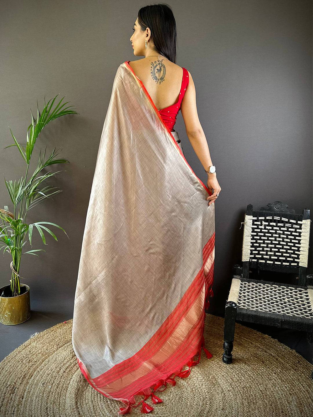 Radiant Ember Satin Tissue Saree  Radiant Ember Satin Tissue Saree